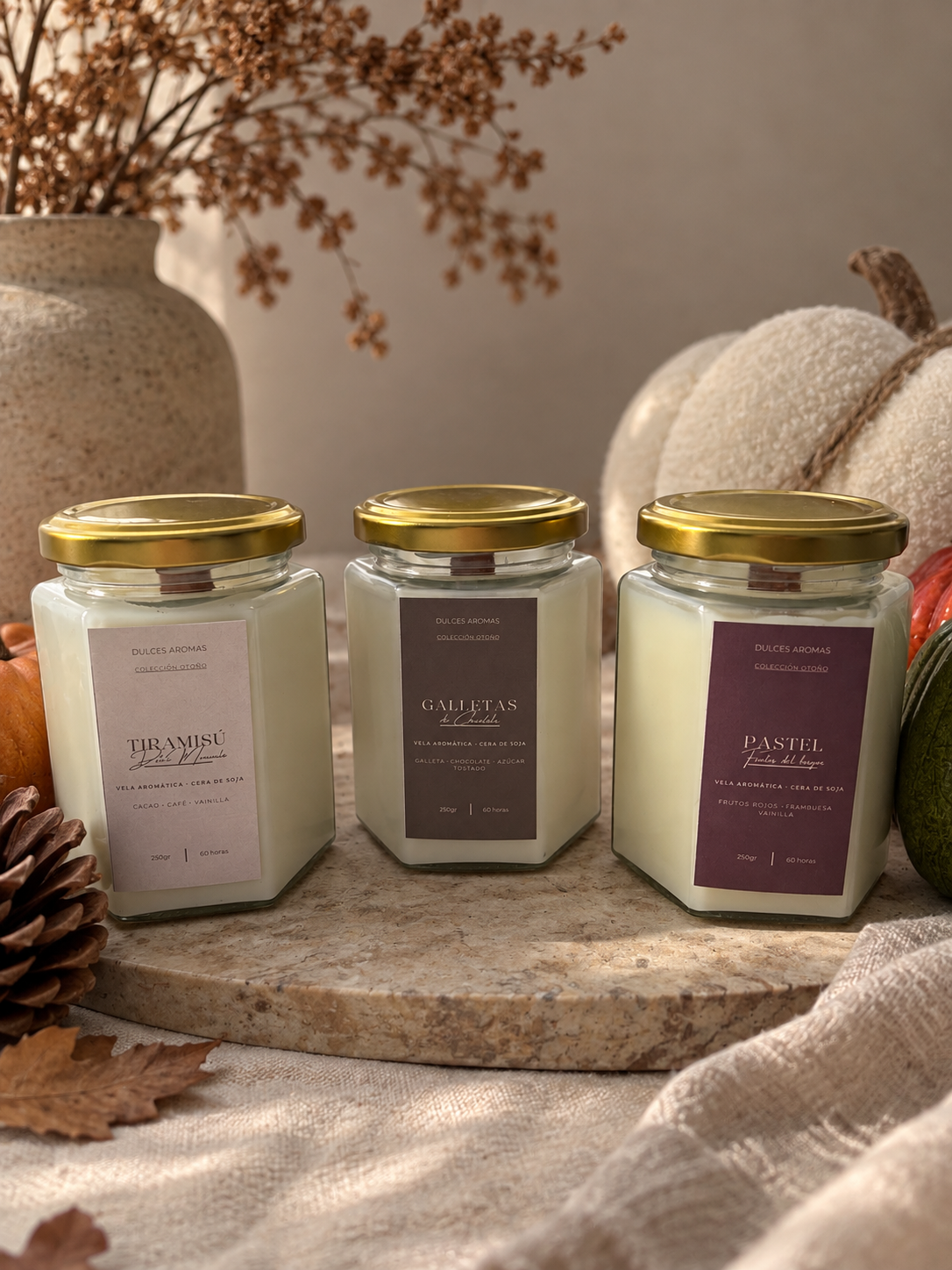 GOLDEN AUTUMN · Set de 3 velas de cristal