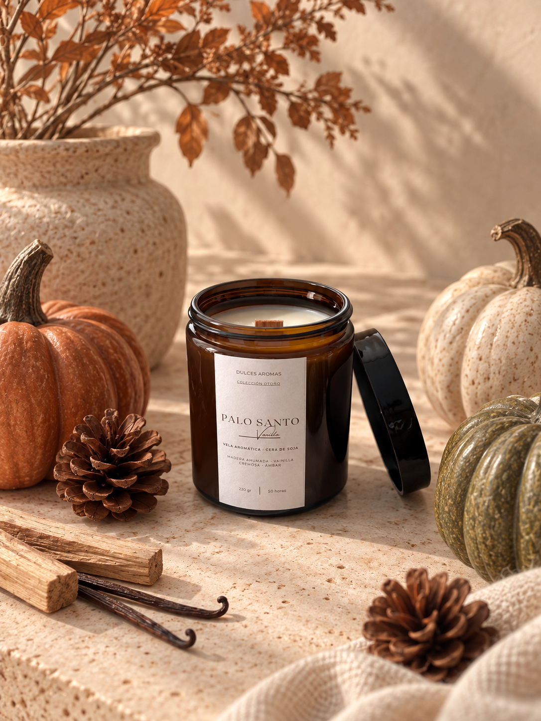Vela Tarro Ámbar · Palo Santo y Vainilla · 220gr.