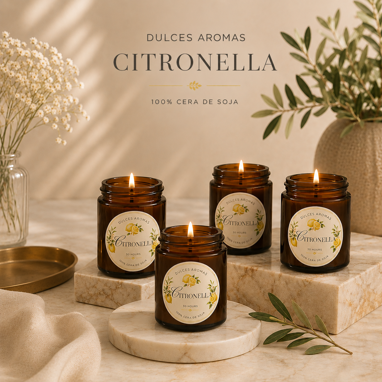 Pack de 4 Velas Citronella · Tarro Ámbar 100 ml